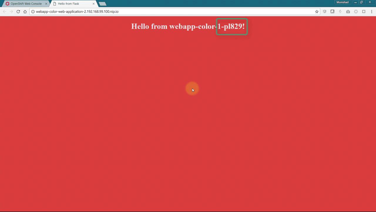 The image shows a web browser displaying a red background with the text "Hello from webapp-color-1-pl829!" in white. The browser tab is labeled "Hello from Flask."
