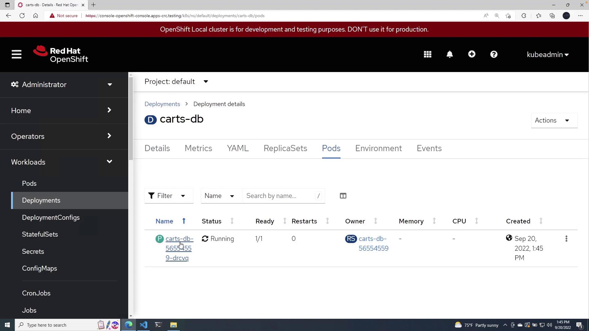 The image shows a Red Hat OpenShift console displaying details of a deployment named "carts-db," with one running pod listed under the "Pods" tab.