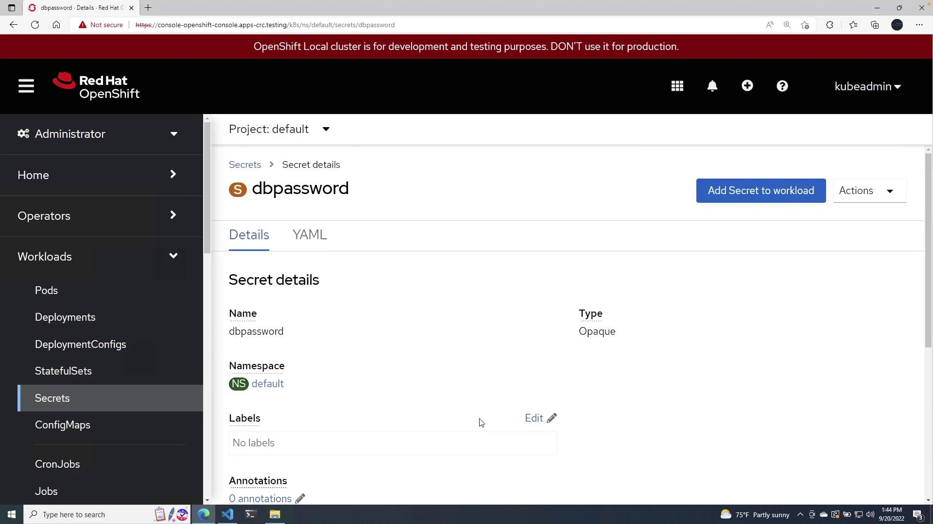 The image shows a Red Hat OpenShift interface displaying details of a secret named "dbpassword" in the default namespace. It includes options to add the secret to a workload and edit labels and annotations.