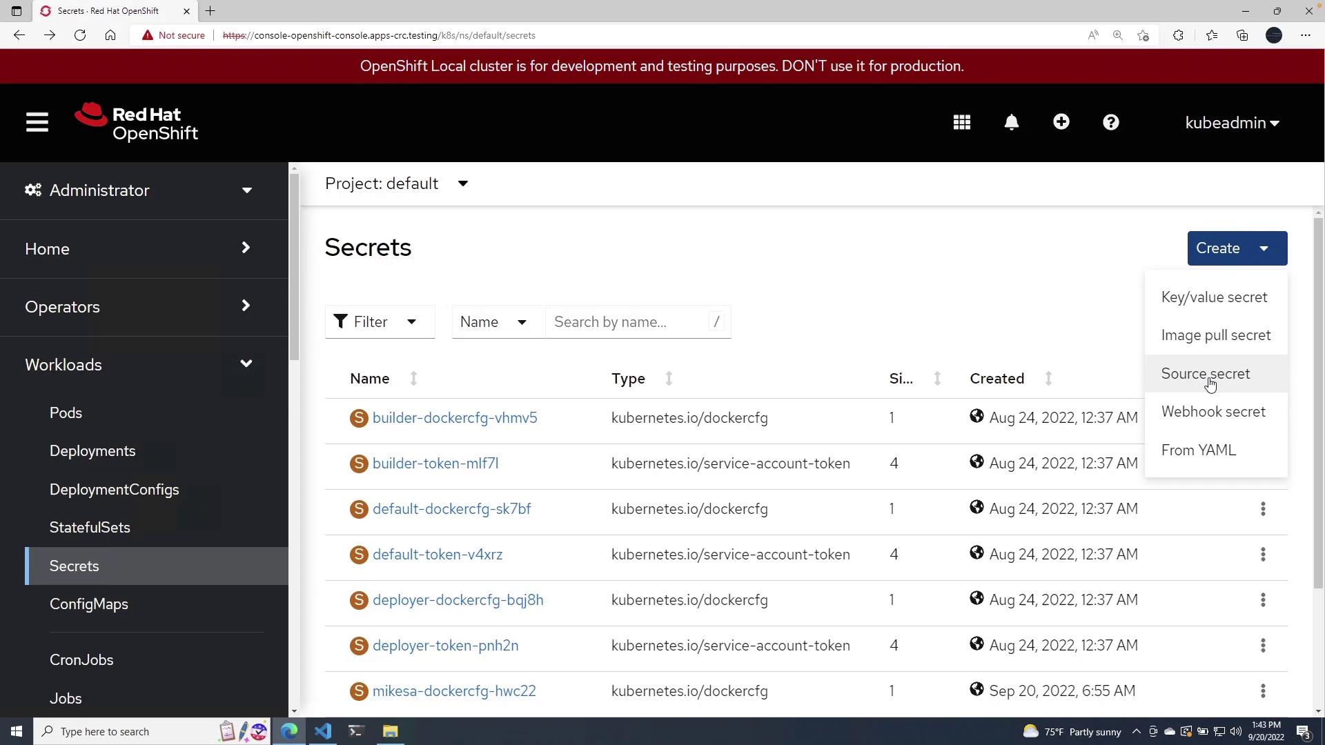 The image shows the "Secrets" section of the Red Hat OpenShift web console, displaying a list of Kubernetes secrets with options to create new ones.