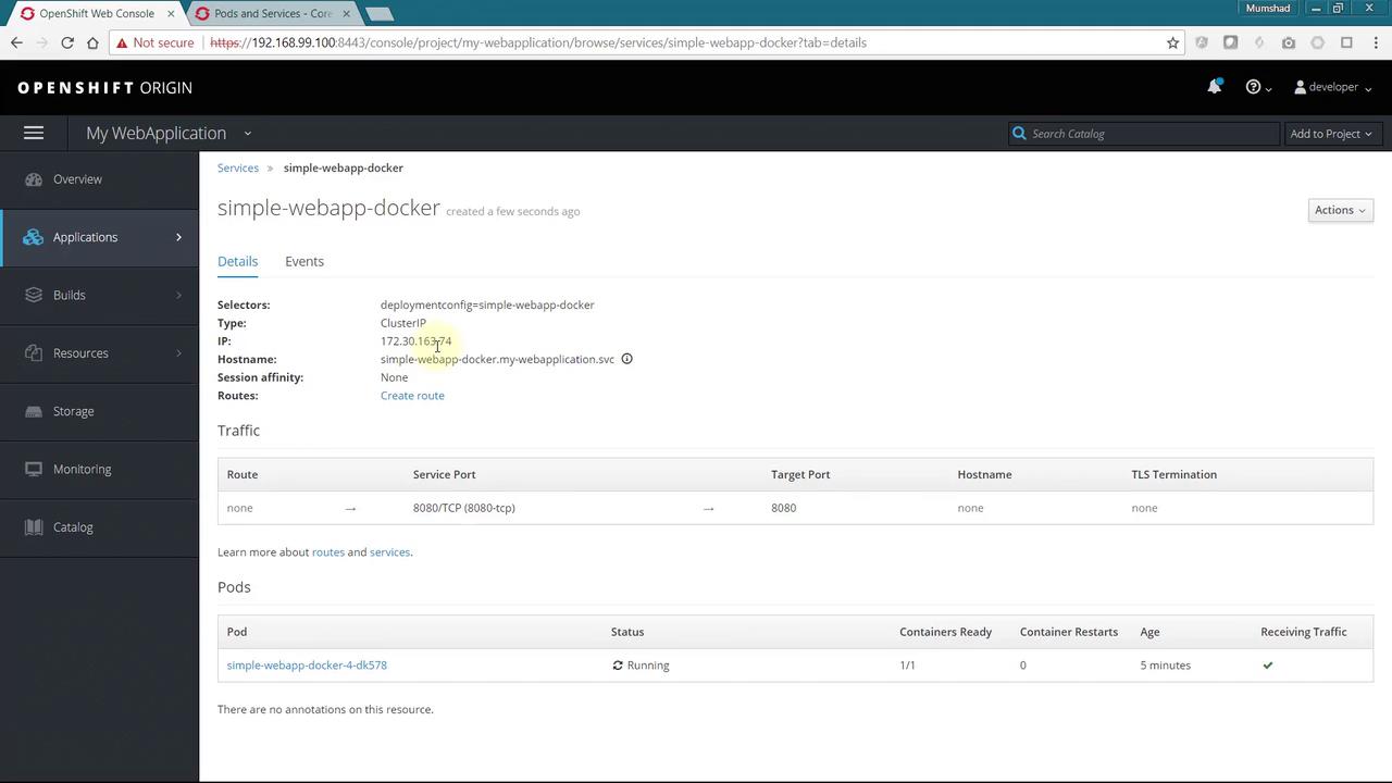The image shows an OpenShift Origin web console displaying details of a service named "simple-webapp-docker," including its IP, hostname, and pod status. The console provides information about traffic routes and pod readiness.