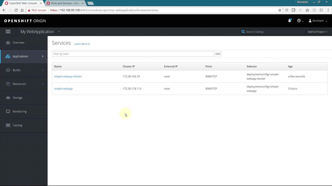 The image shows the OpenShift Origin web console displaying a list of services for a project named "My WebApplication." It includes details like service names, cluster IPs, ports, selectors, and age.