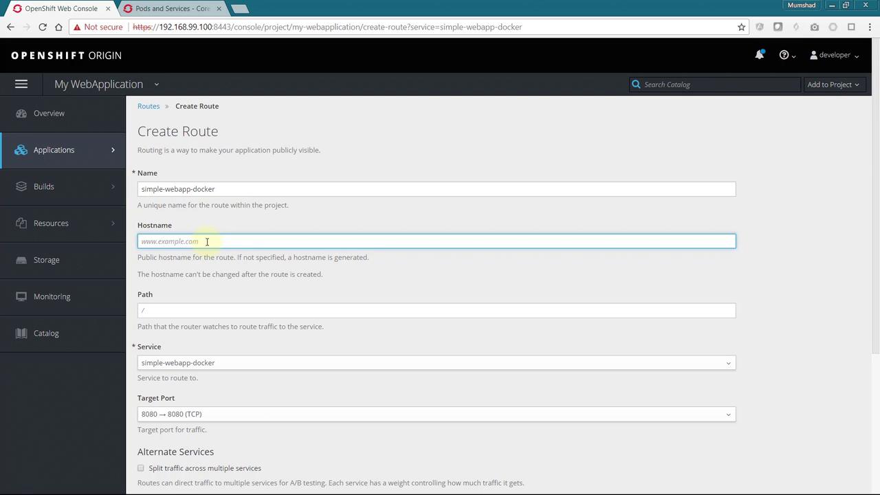 The image shows the OpenShift Web Console interface, specifically the "Create Route" page for setting up a route for an application. It includes fields for name, hostname, path, service, and target port.