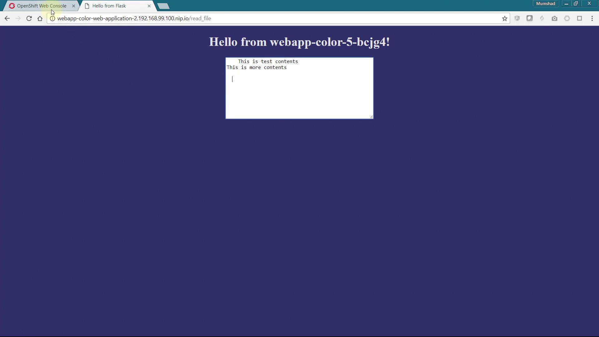 The image shows a web page with a blue background displaying the message "Hello from webapp-color-5-bcjg4!" and a text box containing test content.