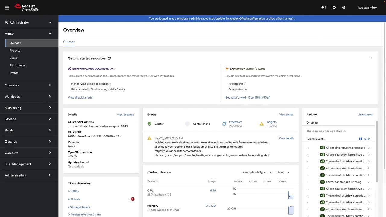 The image shows a Red Hat OpenShift dashboard with an overview of cluster details, status, and activity. It includes sections for getting started resources, admin features, and cluster utilization metrics.