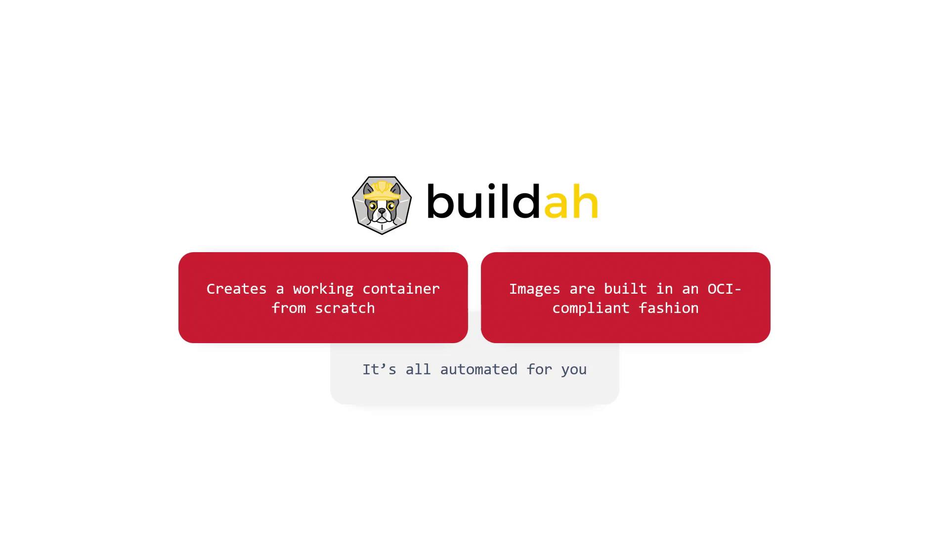 The image features the "buildah" logo with text highlighting its capabilities: creating a working container from scratch and building images in an OCI-compliant fashion, with automation.