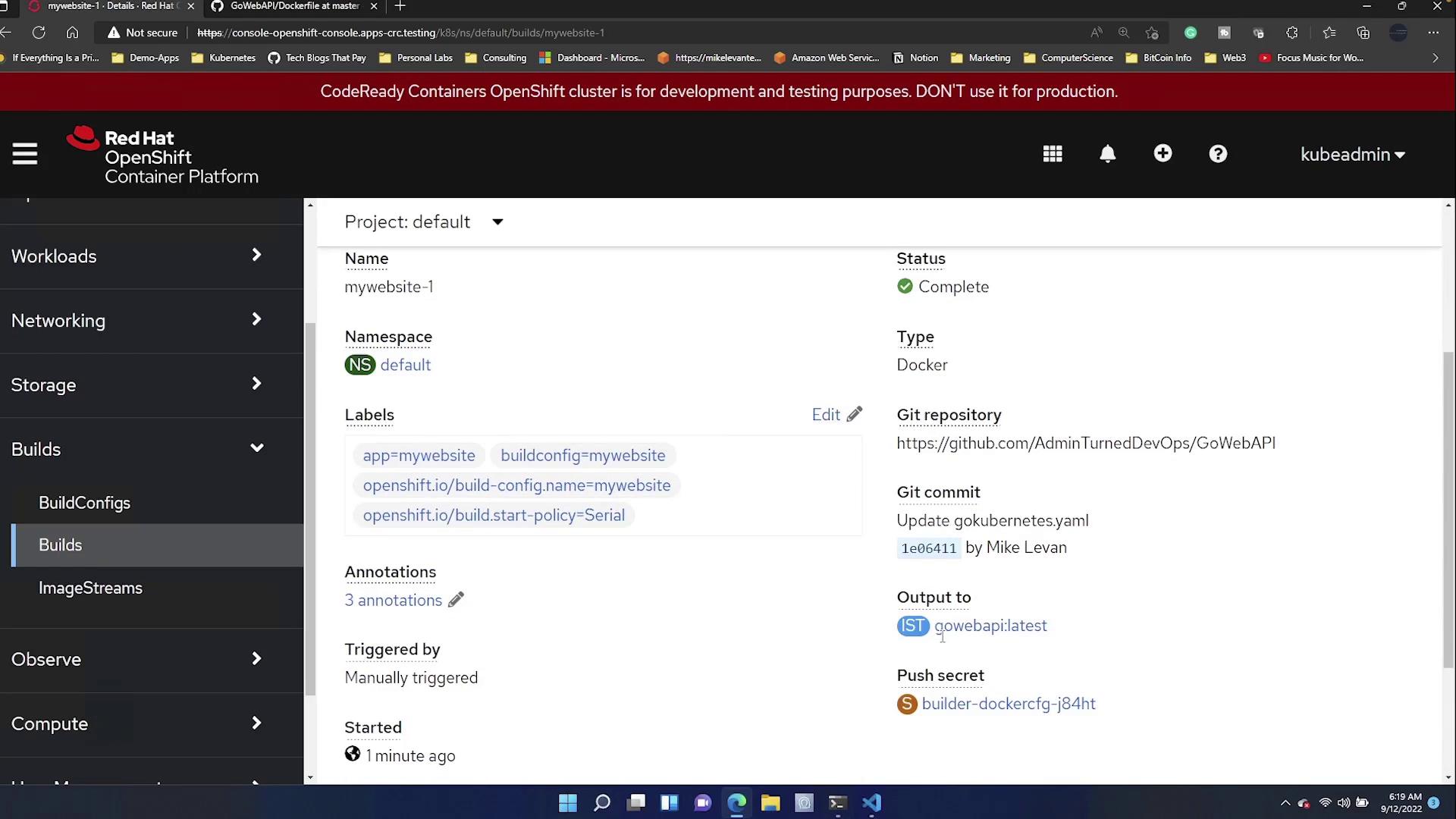 The image shows a Red Hat OpenShift Container Platform interface displaying details of a completed Docker build for a project named "mywebsite-1." It includes information about the namespace, labels, Git repository, and commit details.