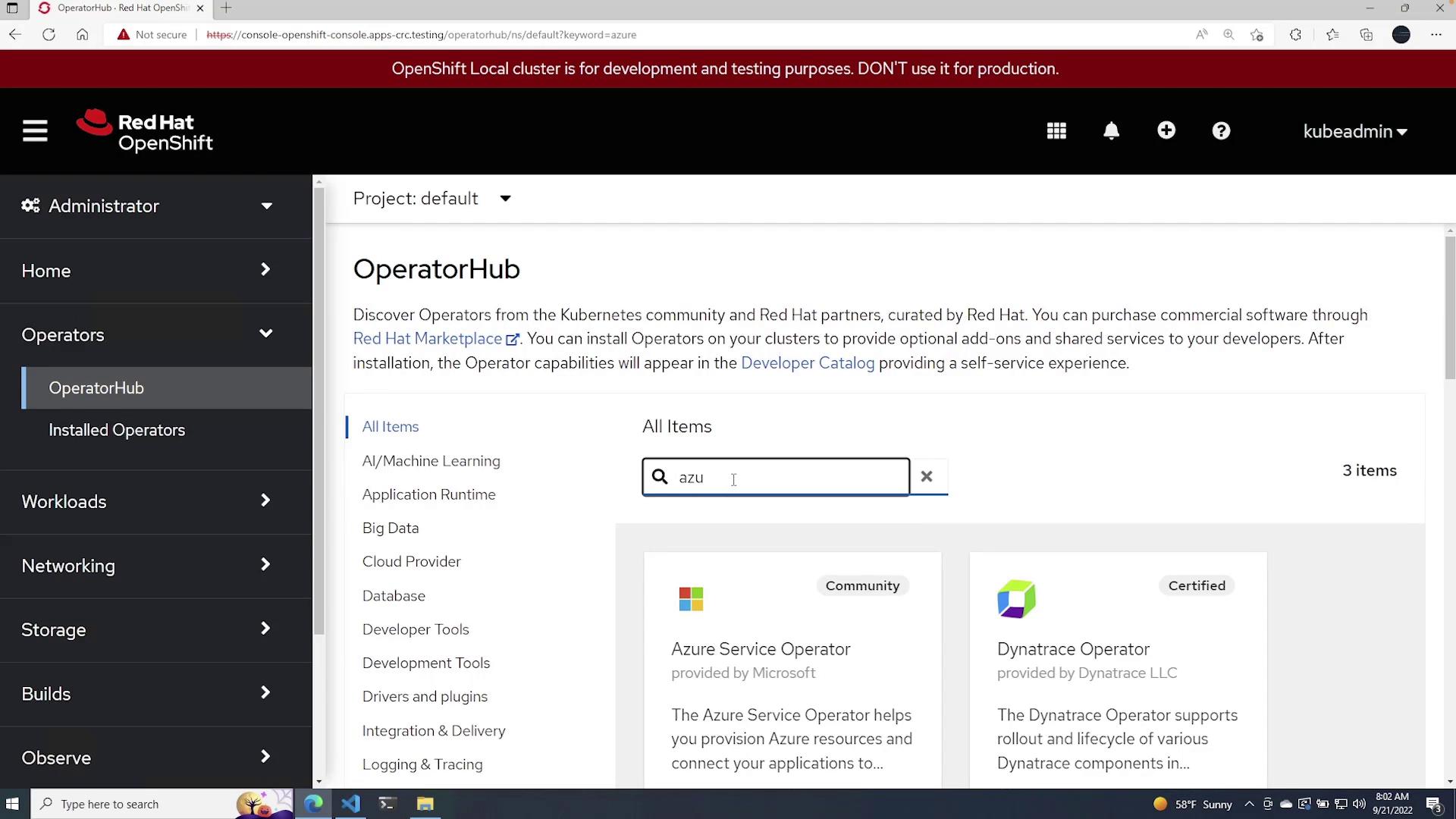The image shows the Red Hat OpenShift OperatorHub interface, where users can discover and install Kubernetes operators. It includes a search bar with the term "azu" and displays results like the Azure Service Operator.