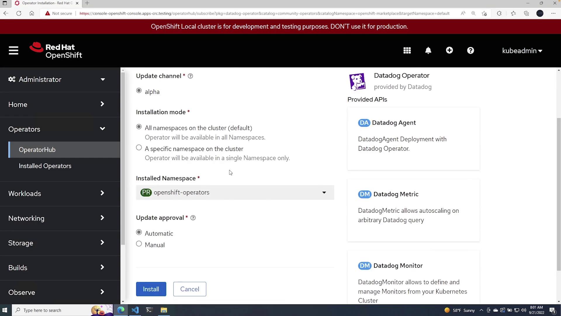 The image shows a Red Hat OpenShift interface for installing the Datadog Operator, with options for update channel, installation mode, installed namespace, and update approval. The interface also lists provided APIs like Datadog Agent, Metric, and Monitor.