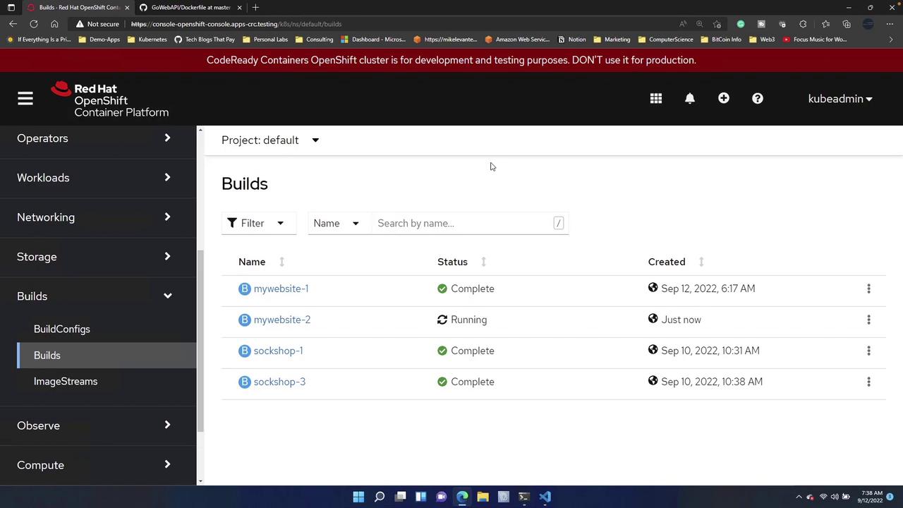 The image shows a Red Hat OpenShift Container Platform interface displaying a list of builds with their names, statuses, and creation dates. The builds include "mywebsite-1," "mywebsite-2," "sockshop-1," and "sockshop-3," with various statuses like "Complete" and "Running."