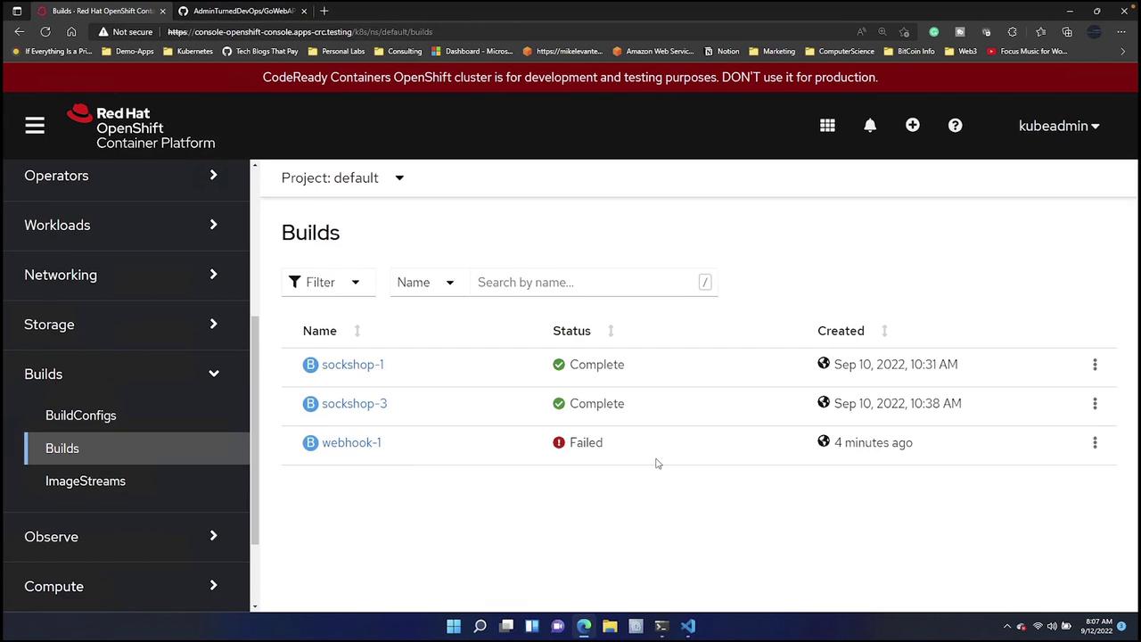 The image shows the Red Hat OpenShift Container Platform interface displaying a list of builds, with two marked as "Complete" and one as "Failed." The sidebar includes options like Operators, Workloads, Networking, and Storage.