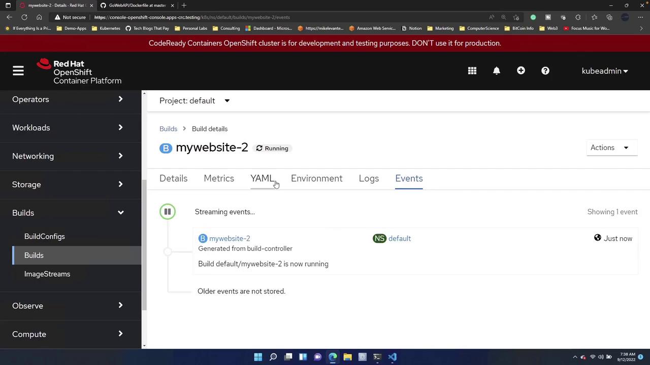 The image shows the Red Hat OpenShift Container Platform interface, displaying the build details for "mywebsite-2," which is currently running. The "Events" tab is selected, showing a streaming event related to the build.