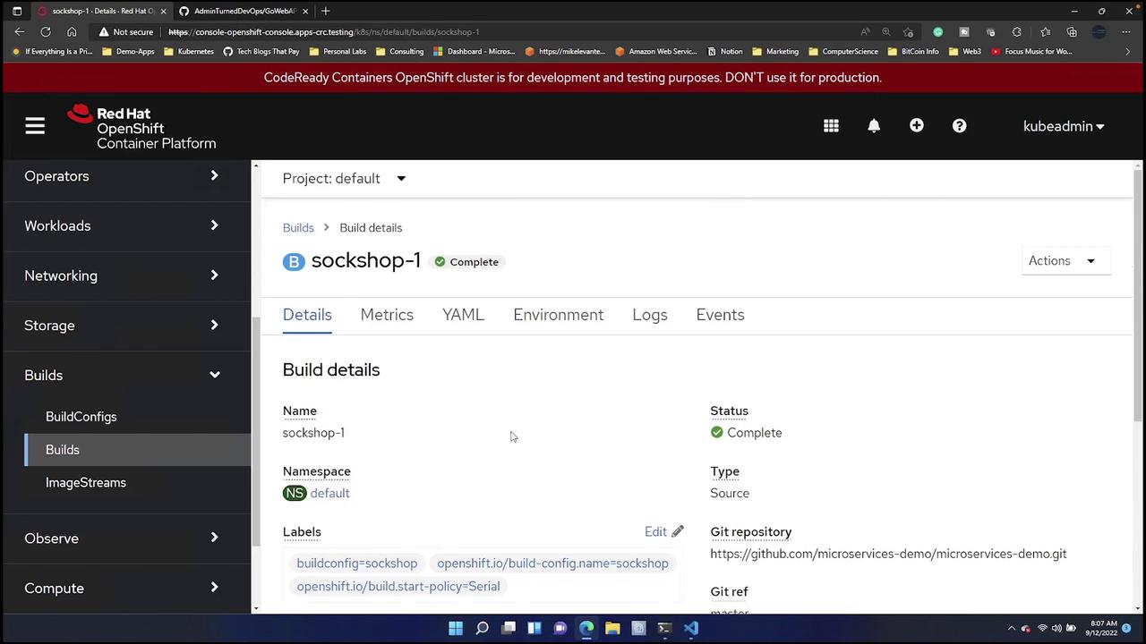 The image shows the Red Hat OpenShift Container Platform interface displaying build details for a project named "sockshop-1," which is marked as complete. The interface includes navigation options like Operators, Workloads, and Networking.