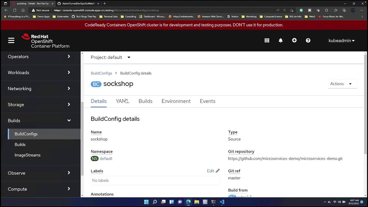 The image shows the Red Hat OpenShift Container Platform interface, displaying the BuildConfig details for a project named "sockshop." It includes information such as the namespace, Git repository, and build type.