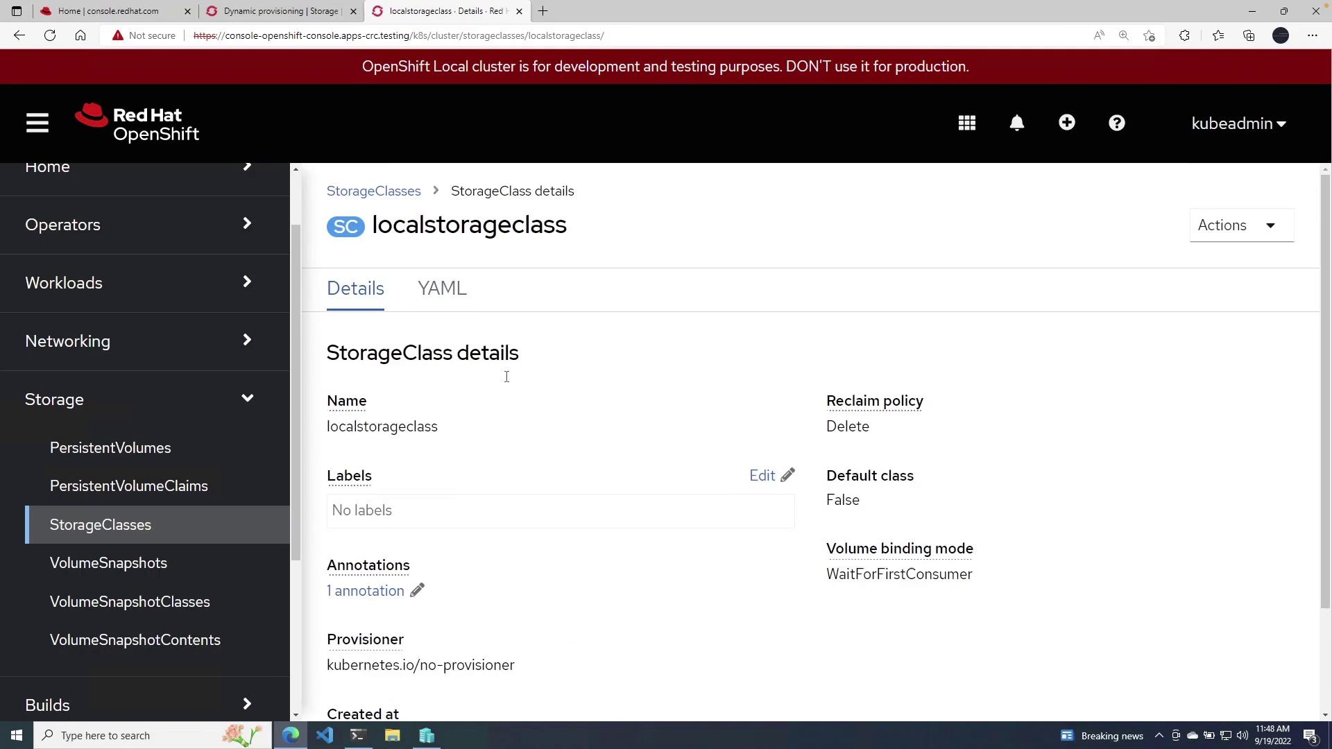 The image shows a Red Hat OpenShift console displaying details of a storage class named "localstorageclass," including its reclaim policy, default class status, and volume binding mode.