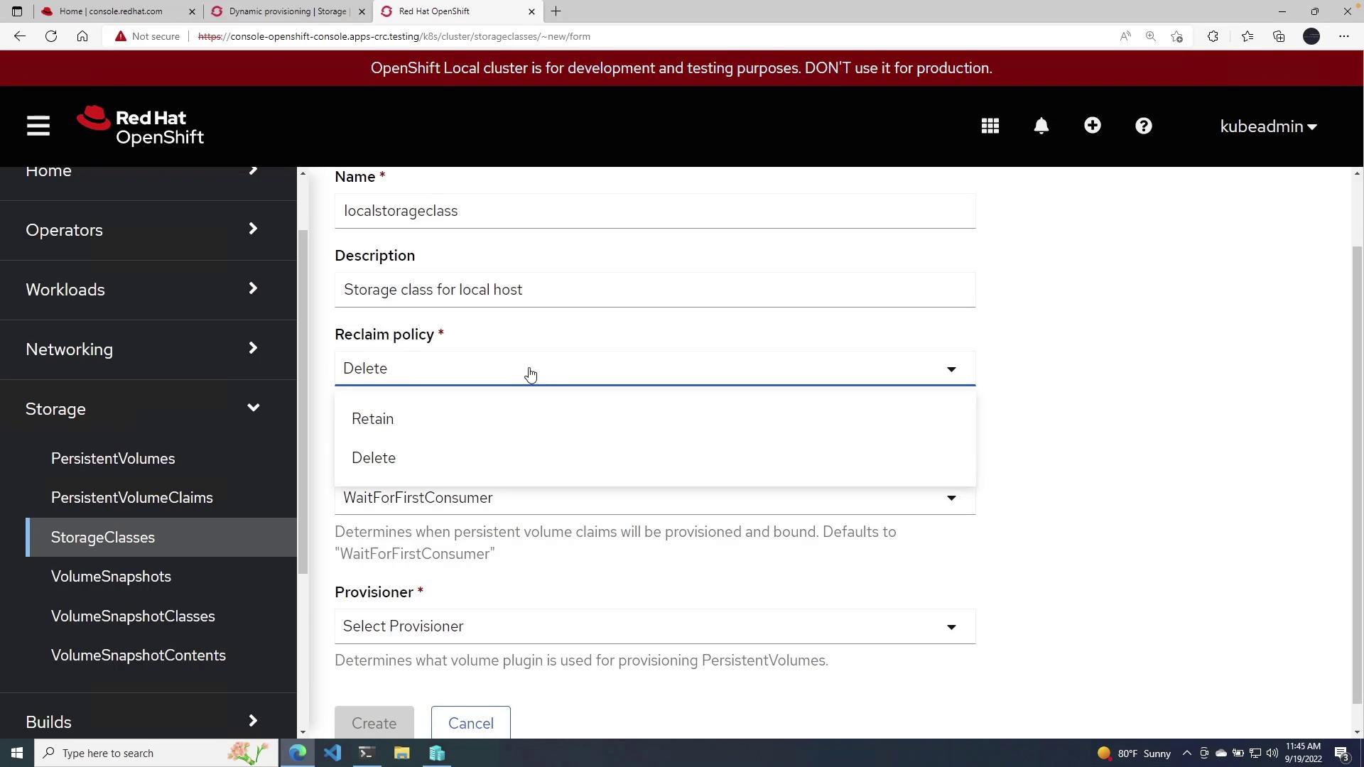 The image shows a Red Hat OpenShift console interface where a user is configuring a storage class, including setting a reclaim policy.