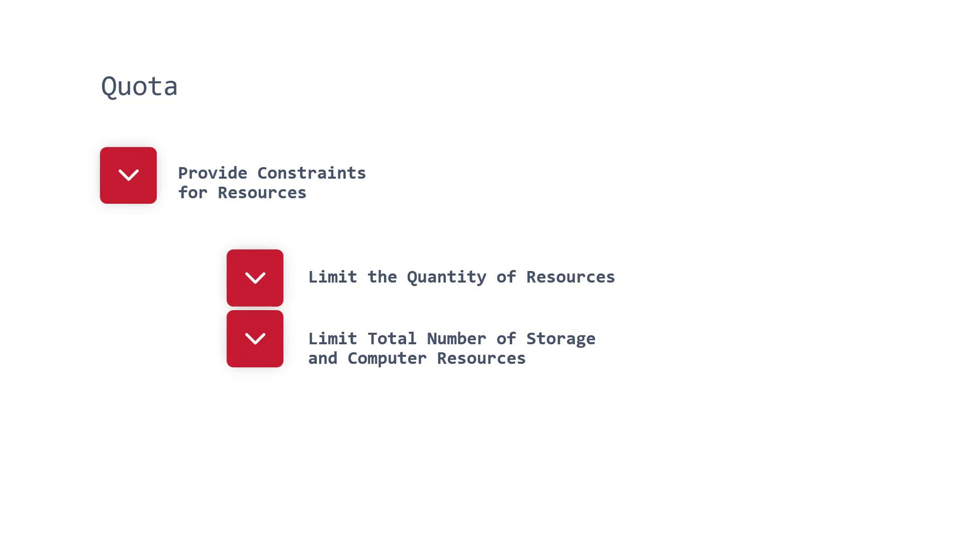The image shows a list of constraints related to resource quotas, including limiting the quantity of resources and the total number of storage and computer resources, with red dropdown icons next to each item.
