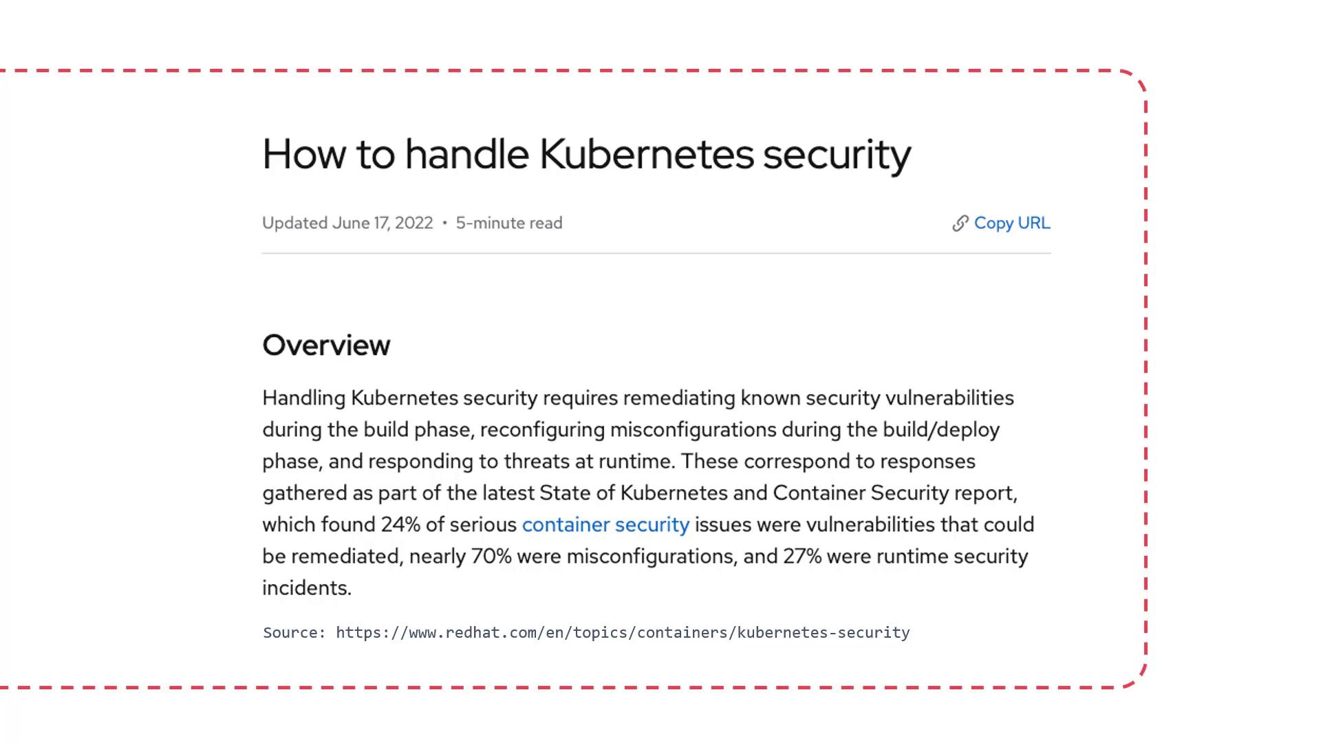 The image is a webpage excerpt titled "How to handle Kubernetes security," discussing the importance of addressing security vulnerabilities, misconfigurations, and runtime threats in Kubernetes. It cites a report indicating that 24% of serious container security issues are vulnerabilities, 70% are misconfigurations, and 27% are runtime incidents.