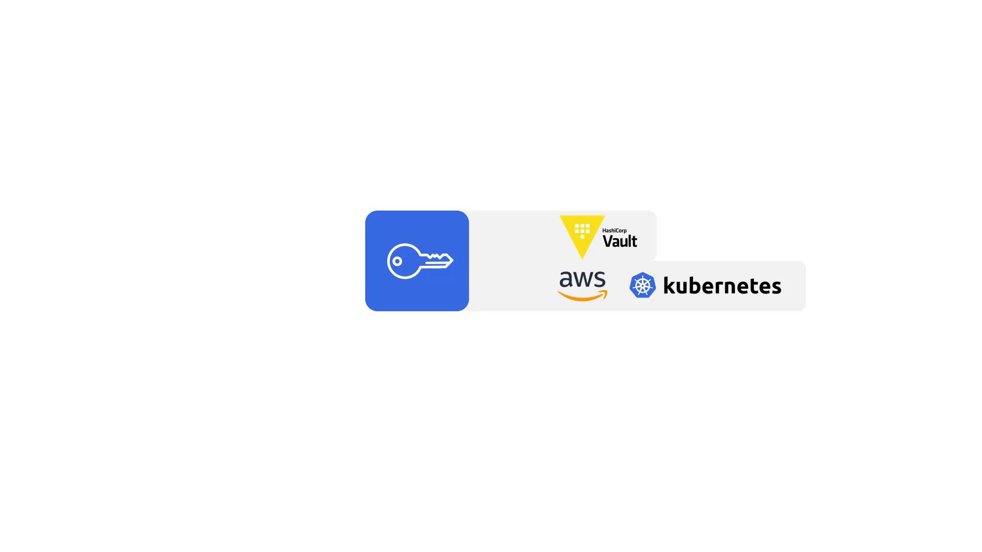 The image shows a blue key icon alongside logos for HashiCorp Vault, AWS, and Kubernetes, suggesting a theme of cloud security or management.
