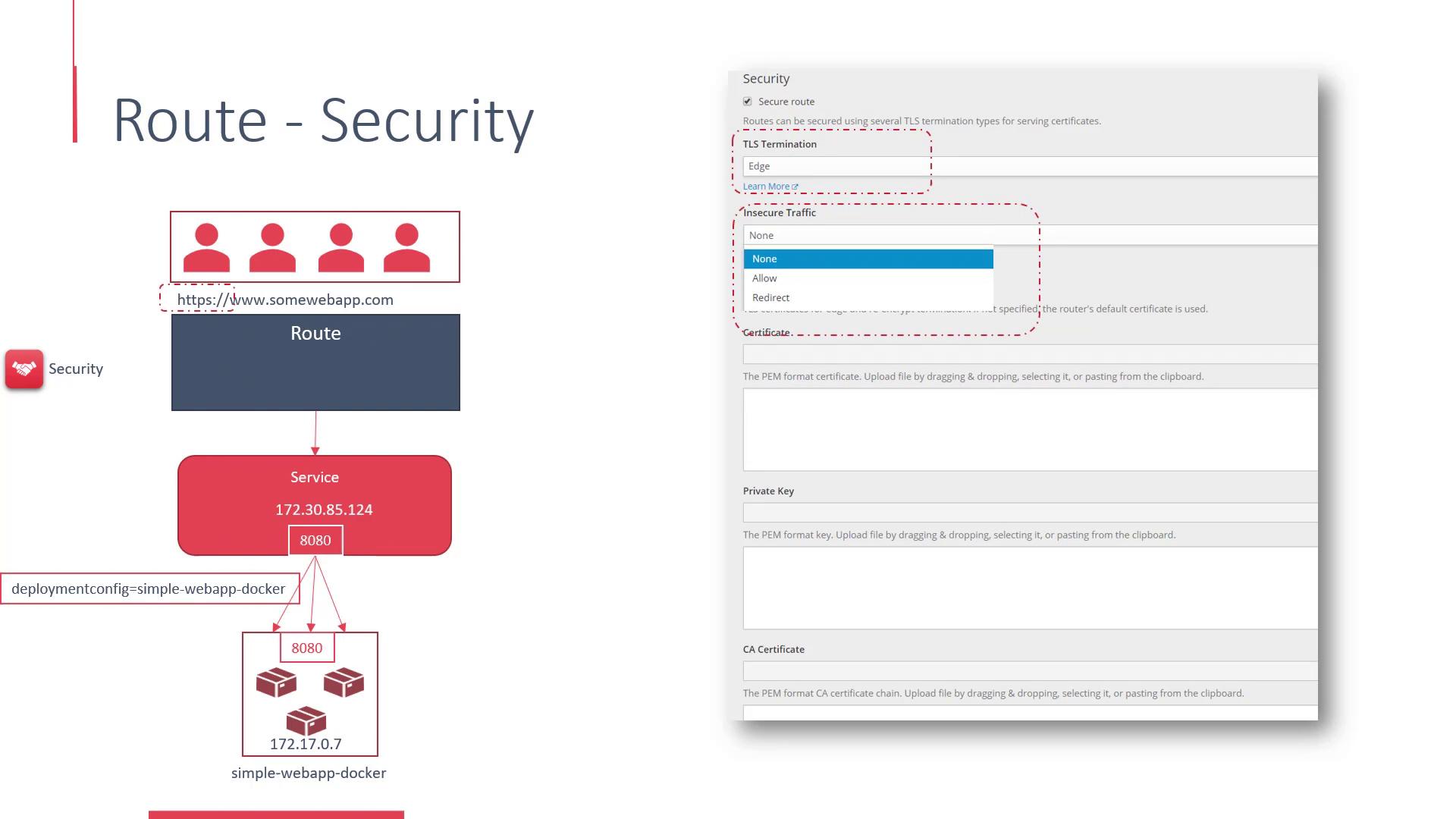 The image shows a diagram and a configuration panel related to web application security, illustrating a route setup with TLS termination and options for handling insecure traffic.