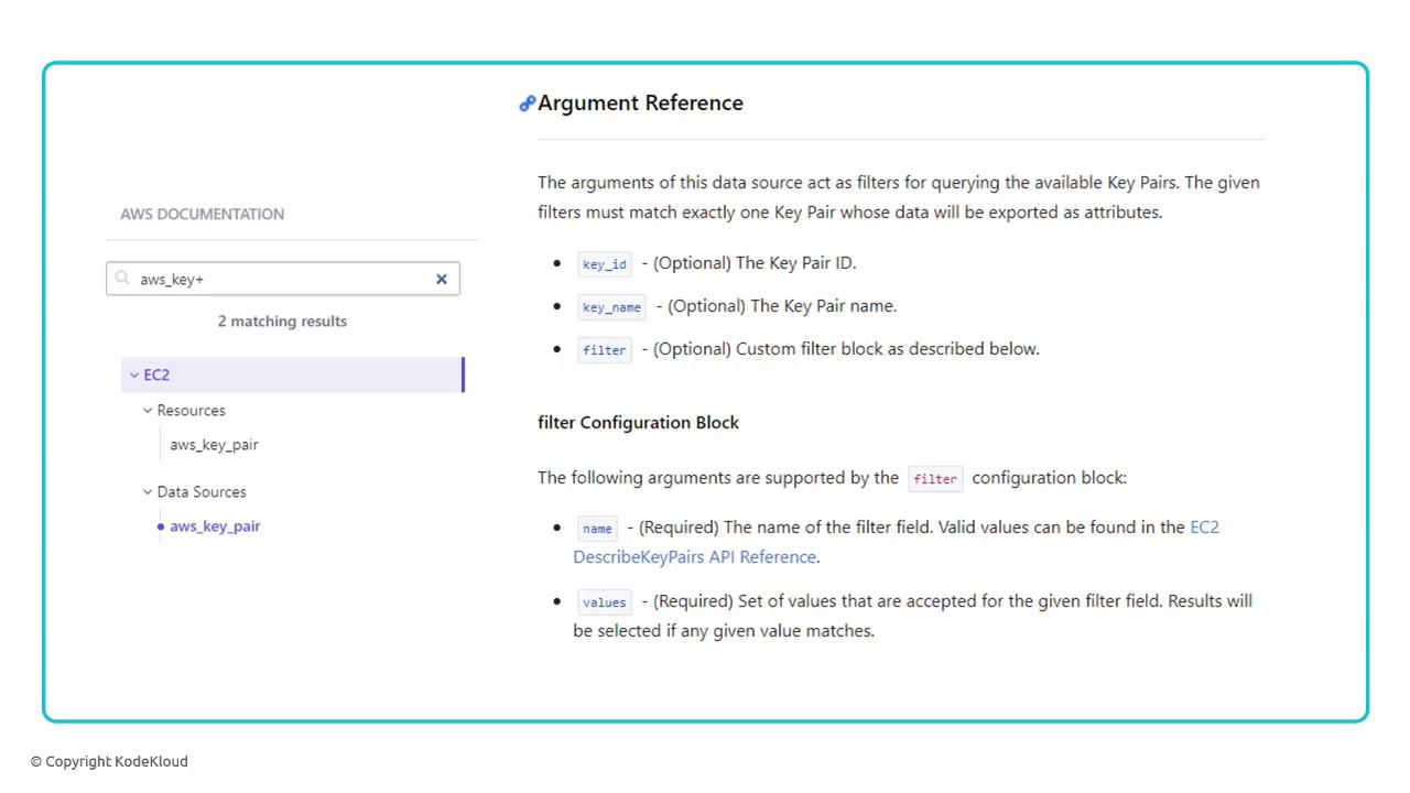 The image shows a section of AWS documentation related to EC2 key pairs, including a search result for "aws_key_pair" and an argument reference detailing optional and required parameters for querying key pairs.