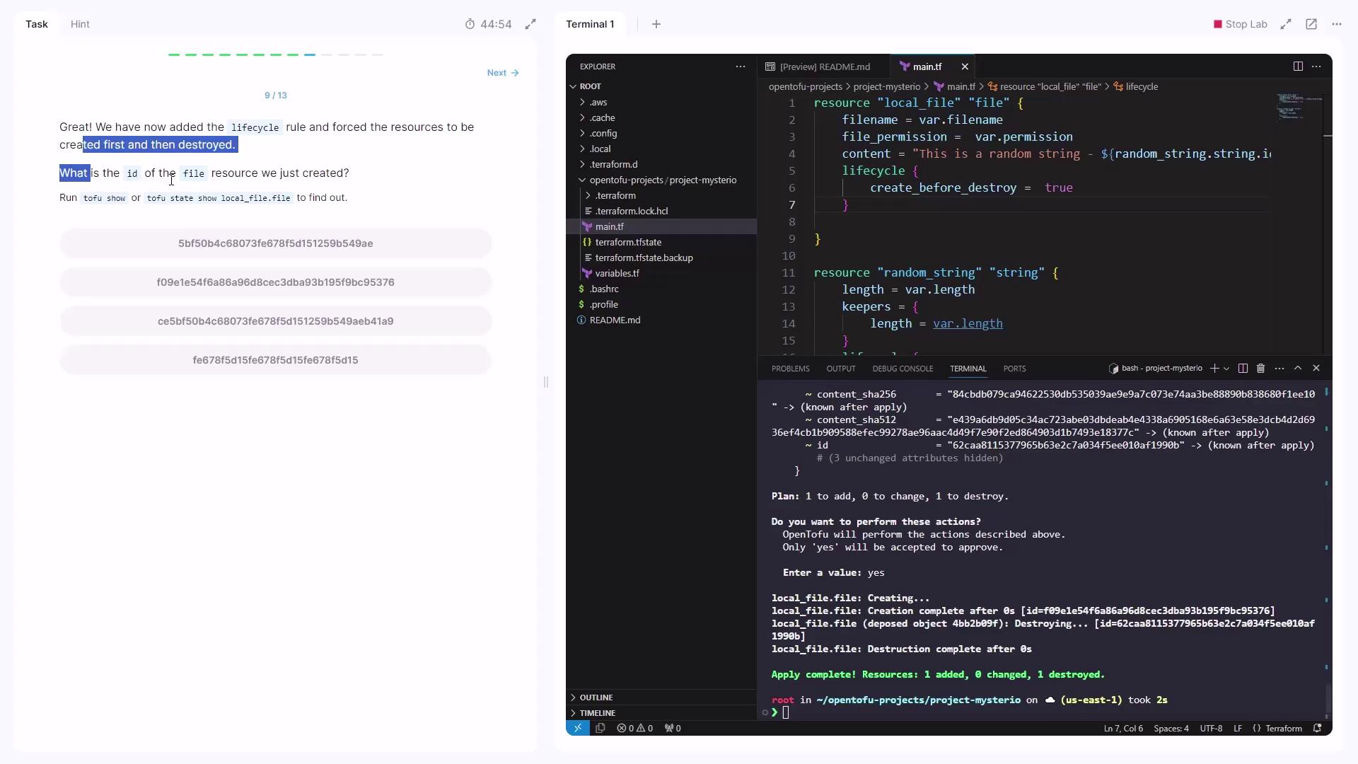 The image shows a code editor with a Terraform configuration file open, displaying resource definitions and lifecycle rules. Below, a terminal window shows the output of a Terraform apply command, indicating resource creation and destruction.