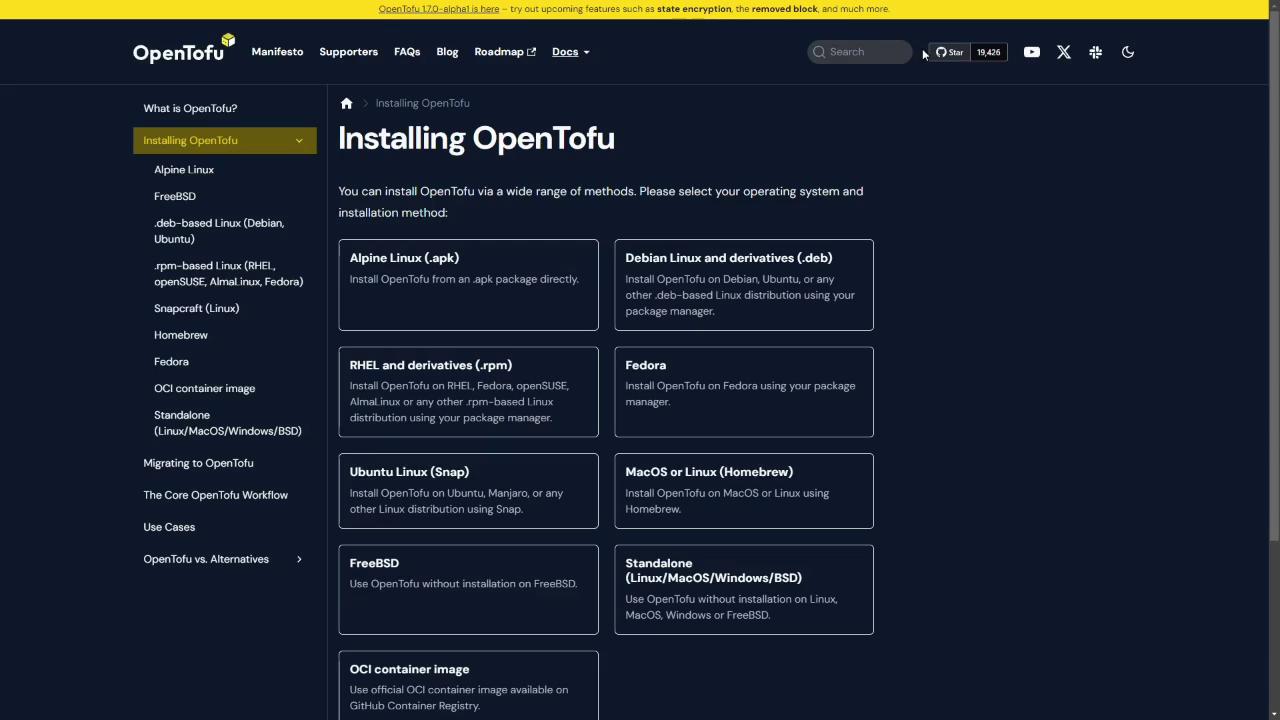 The image shows a webpage for installing OpenTofu, detailing various installation methods for different operating systems like Alpine Linux, Debian, Fedora, and more. The page includes a navigation menu on the left and installation options in the main section.
