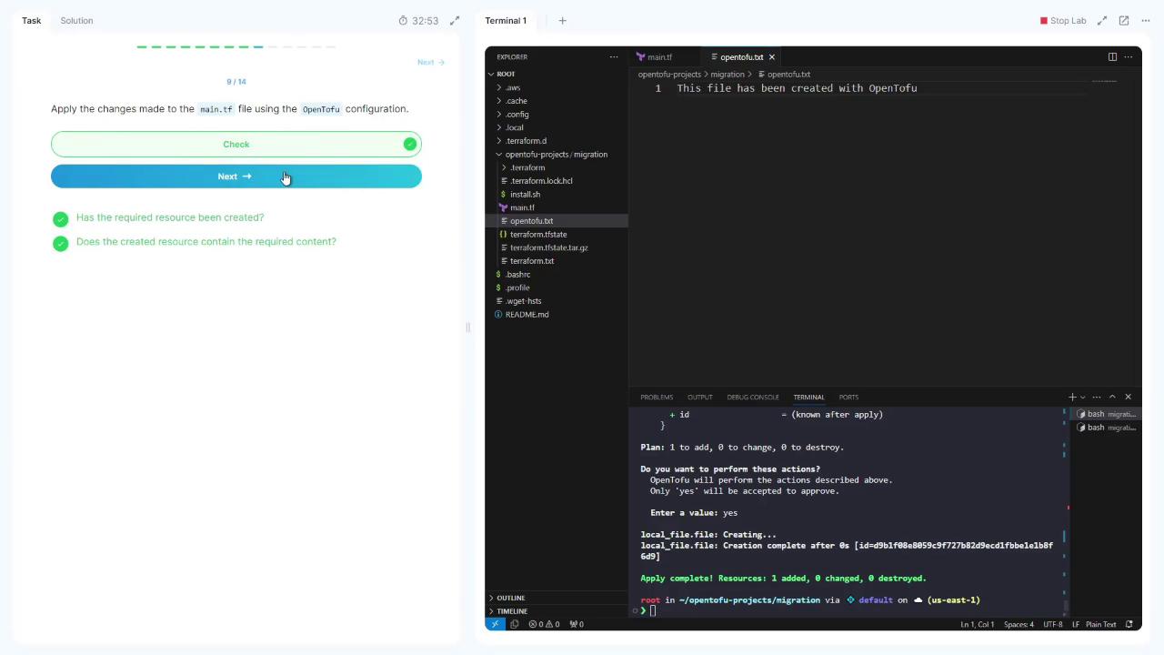 The image shows a split screen with a task interface on the left, indicating progress in a task related to applying changes using OpenTofu, and a code editor on the right displaying a file structure and terminal output related to a Terraform project.