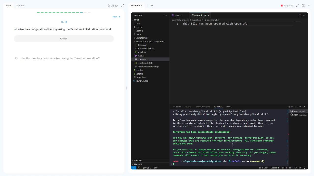 The image shows a coding environment with a task to initialize a configuration directory using Terraform. The terminal indicates that Terraform has been successfully initialized.