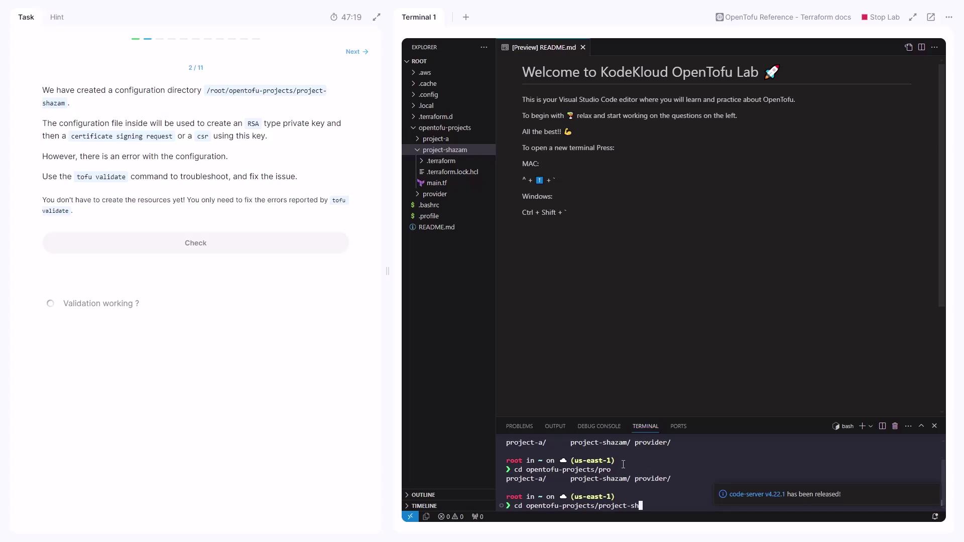 The image shows a Visual Studio Code interface with a task description on the left about fixing configuration errors using the `tofu validate` command. On the right, there's a terminal and file explorer open, displaying a project directory structure.