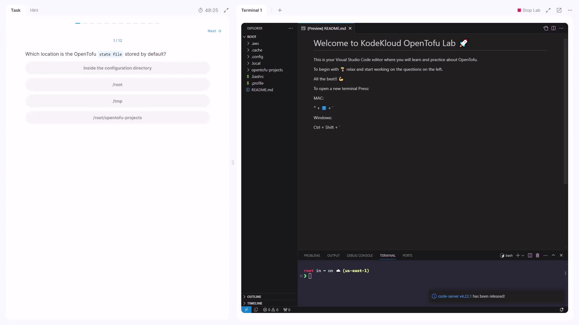 The image shows a KodeKloud OpenTofu Lab interface with a task question on the left and a Visual Studio Code editor on the right, displaying a welcome message and terminal.