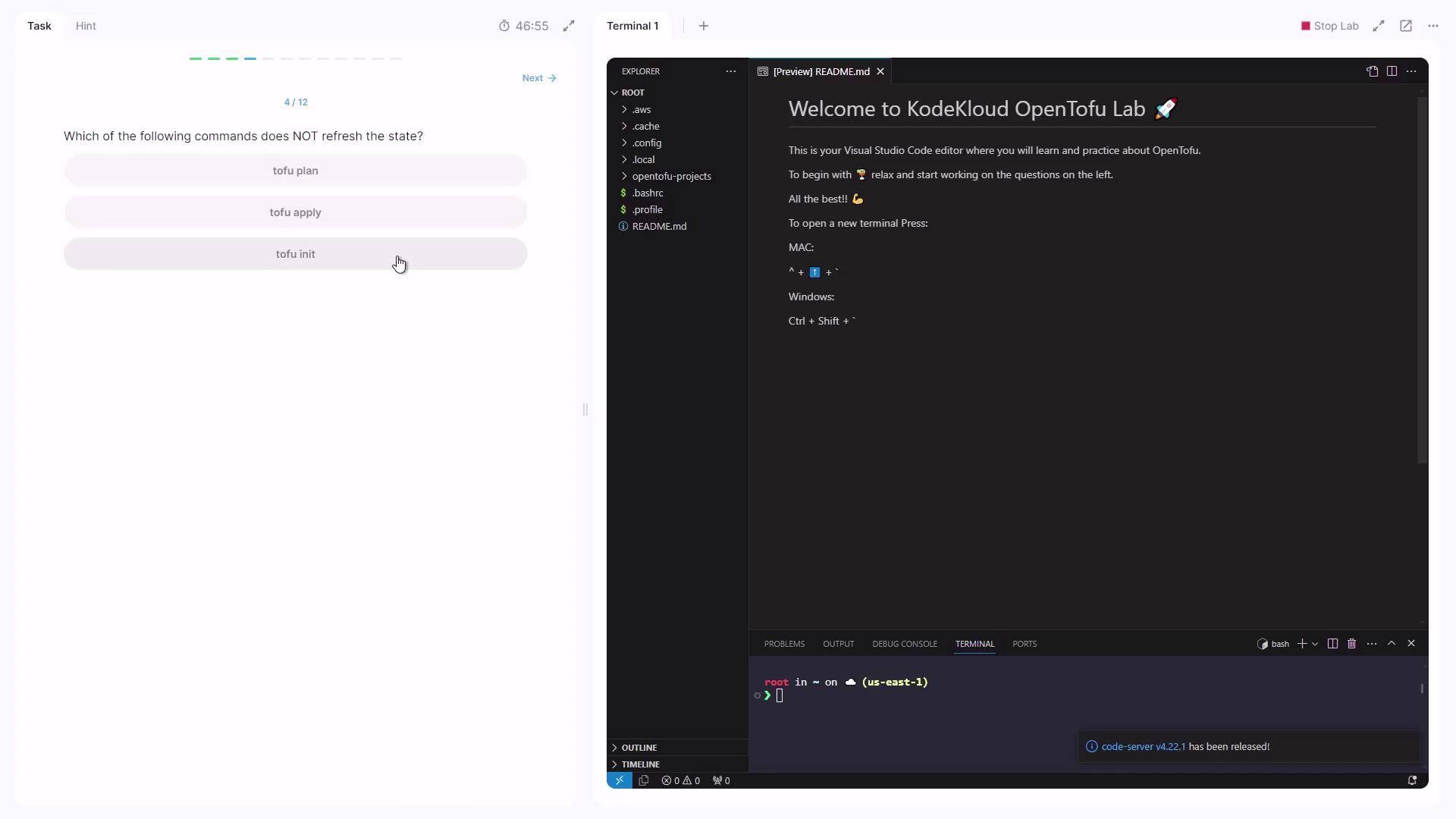 The image shows a Visual Studio Code editor with a welcome message for KodeKloud OpenTofu Lab on the right, and a multiple-choice question about command usage on the left.