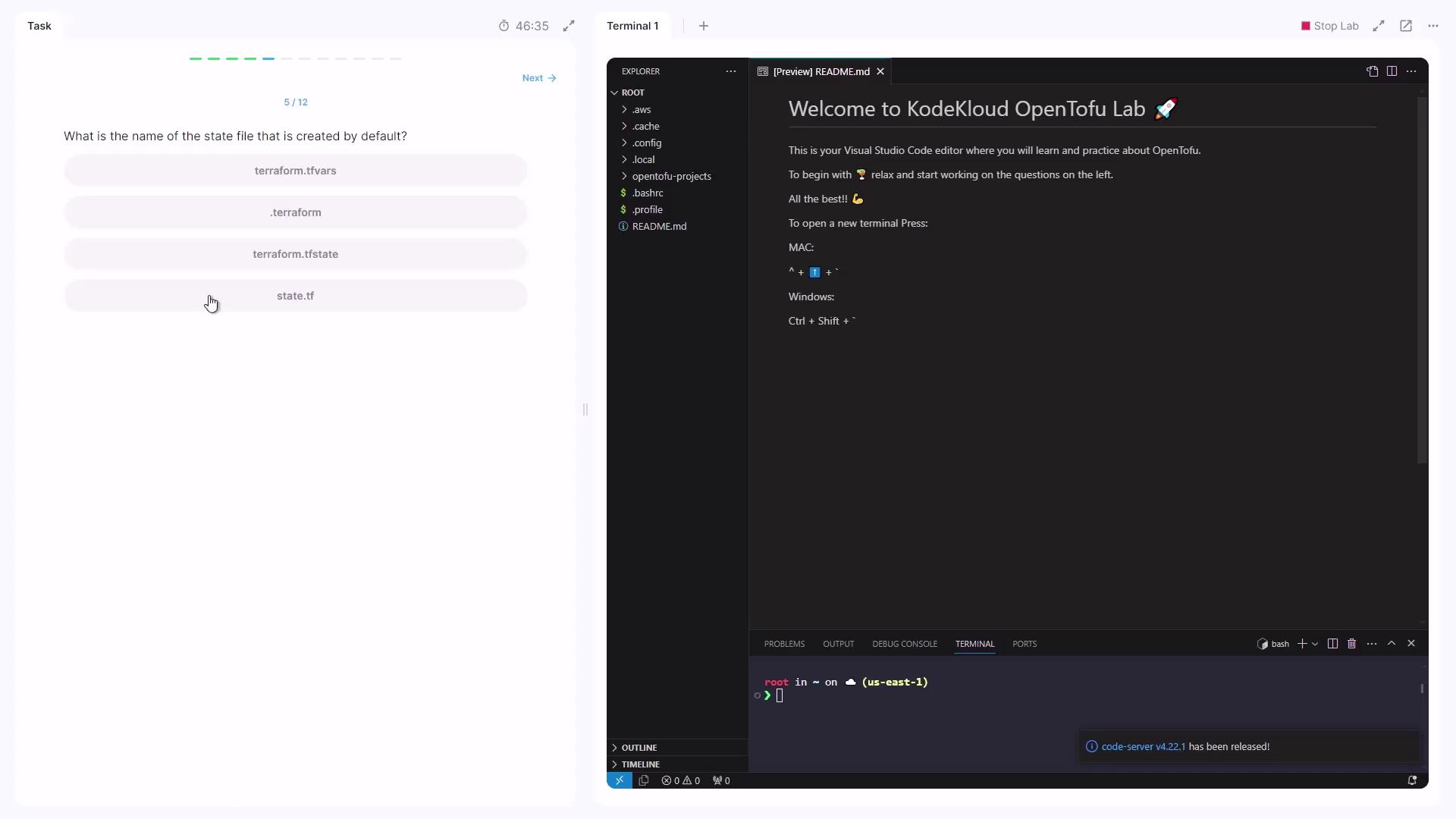 The image shows a Visual Studio Code interface with a welcome message for KodeKloud OpenTofu Lab on the right and a multiple-choice question about a Terraform state file on the left.