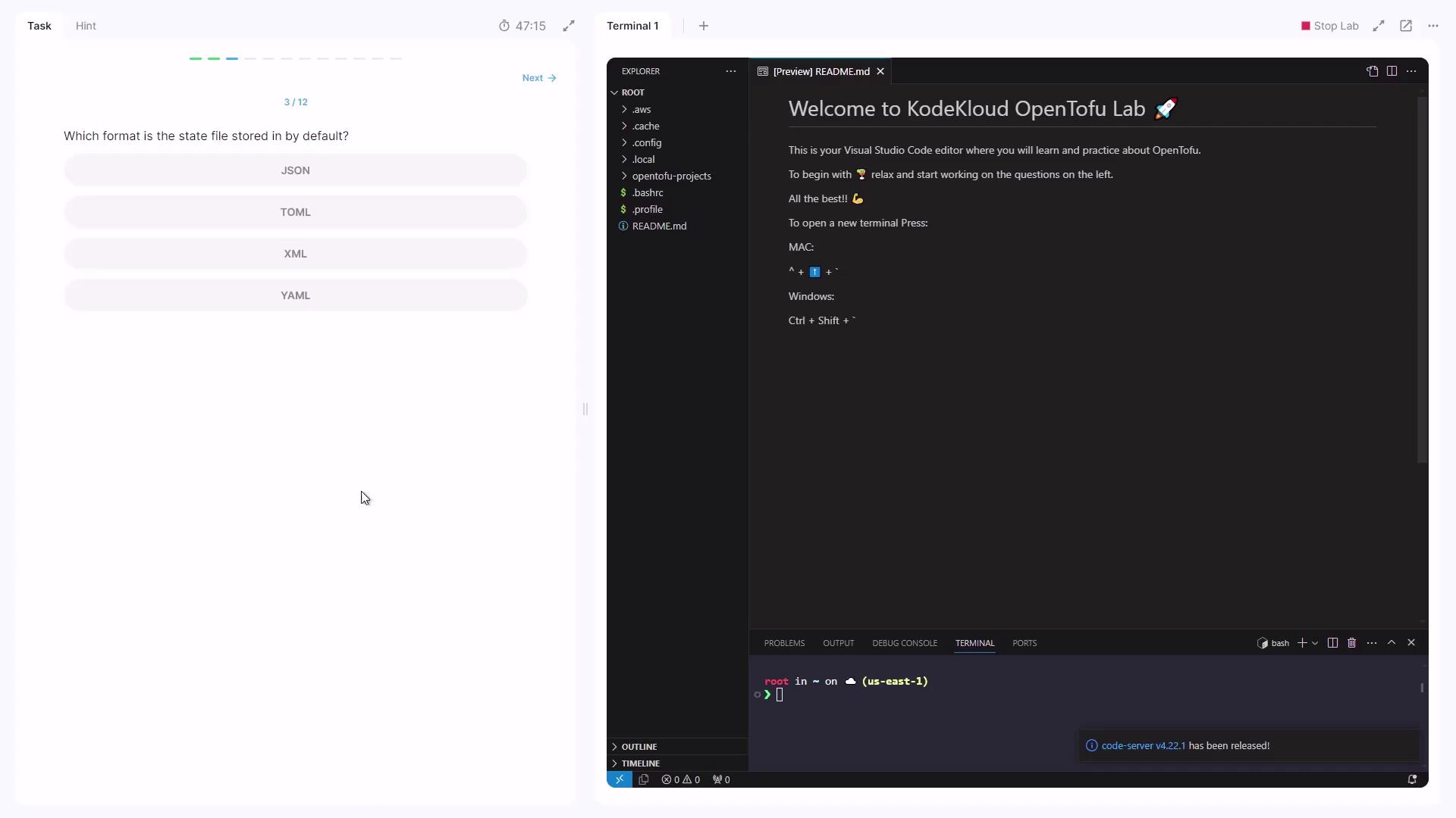 The image shows a Visual Studio Code editor with a welcome message for the KodeKloud OpenTofu Lab on the right, and a multiple-choice question about file formats on the left.