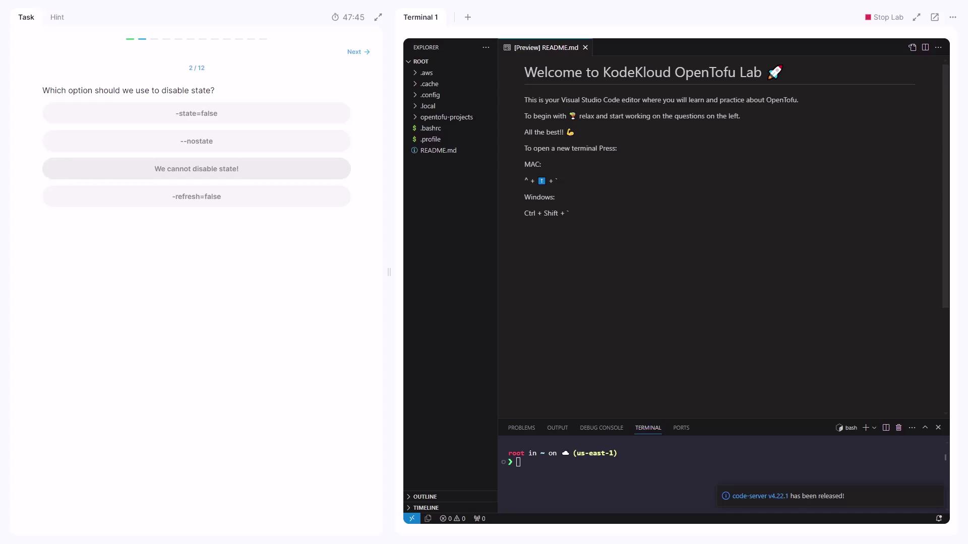 The image shows a Visual Studio Code editor with a welcome message for KodeKloud OpenTofu Lab on the right, and a task question about disabling state on the left.