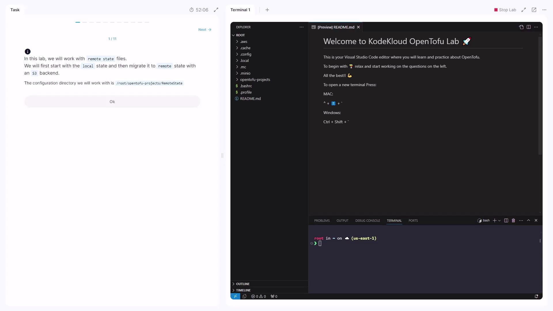 The image shows a KodeKloud OpenTofu Lab interface with instructions on working with remote state files and a Visual Studio Code editor setup. The editor displays a welcome message and a terminal window.