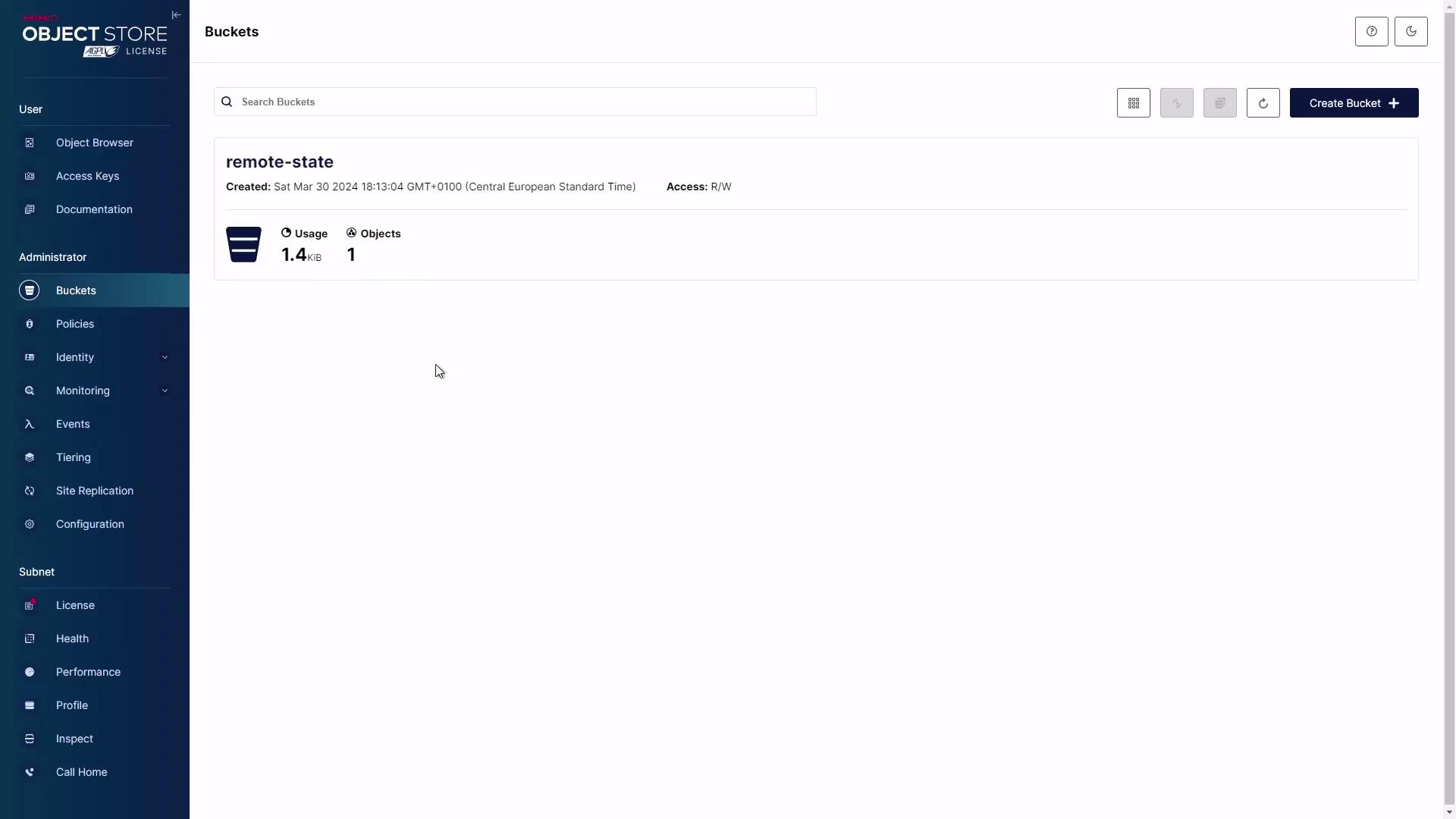 The image shows a user interface of an object storage system with a bucket named "remote-state," displaying its creation date, usage, and access permissions. The sidebar includes options like Object Browser, Access Keys, and various administrative tools.
