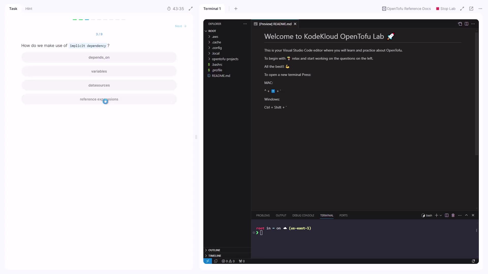 The image shows a KodeKloud OpenTofu Lab interface with a Visual Studio Code editor on the right, displaying a welcome message and terminal, and a quiz question on the left about implicit dependency.