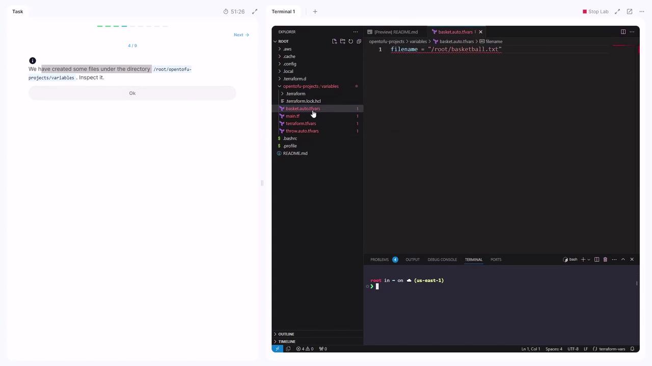 The image shows a code editor with a file explorer on the left, displaying a directory structure, and a terminal at the bottom. The main section shows a file named `basket.auto.tfvars` with a line of code setting a filename variable.
