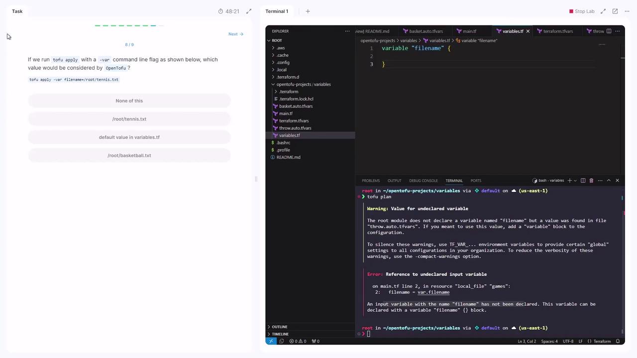 The image shows a coding environment with a task question on the left asking about a command line flag in OpenTofu, and a code editor on the right displaying a Terraform configuration file and terminal output with warnings and errors related to undeclared variables.