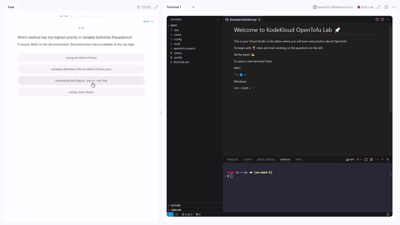 The image shows a coding environment with a task question about variable definition precedence in Terraform on the left, and a Visual Studio Code editor with a welcome message and terminal on the right.