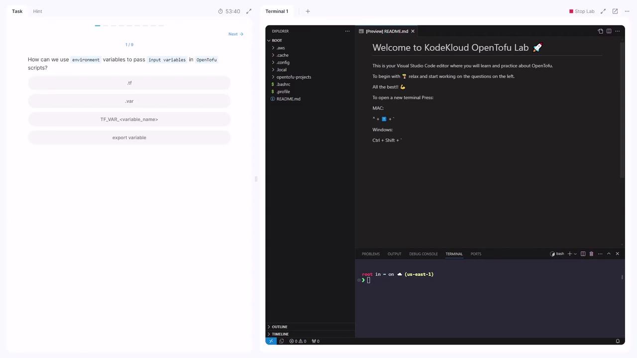 The image shows a Visual Studio Code interface with a task on using environment variables in OpenTofu scripts, alongside a terminal window. The left panel displays a file explorer, and the main panel contains a README file with instructions.