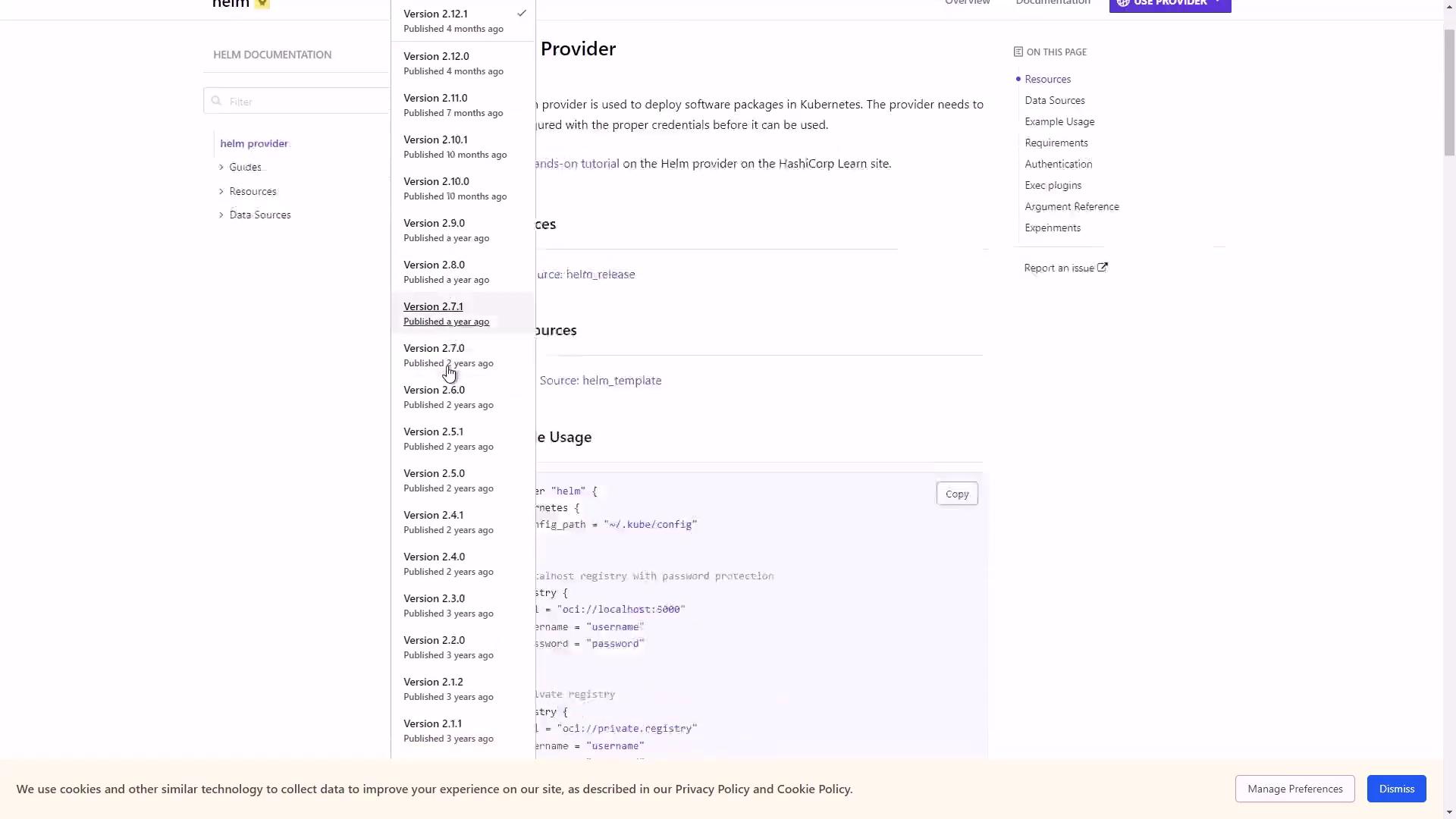 The image shows a webpage displaying Helm documentation, including a list of version histories and a section on provider usage with code snippets.