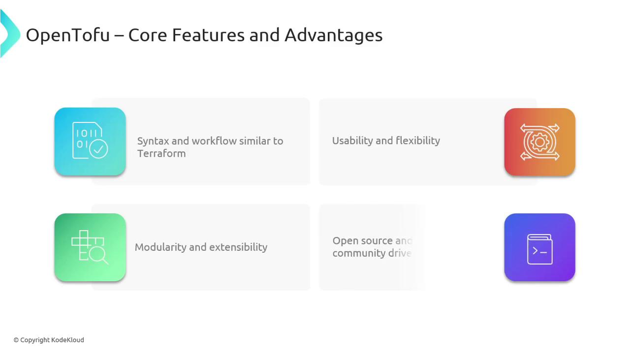 The image lists the core features and advantages of OpenTofu, including syntax and workflow similar to Terraform, usability and flexibility, modularity and extensibility, and being open source and community-driven.