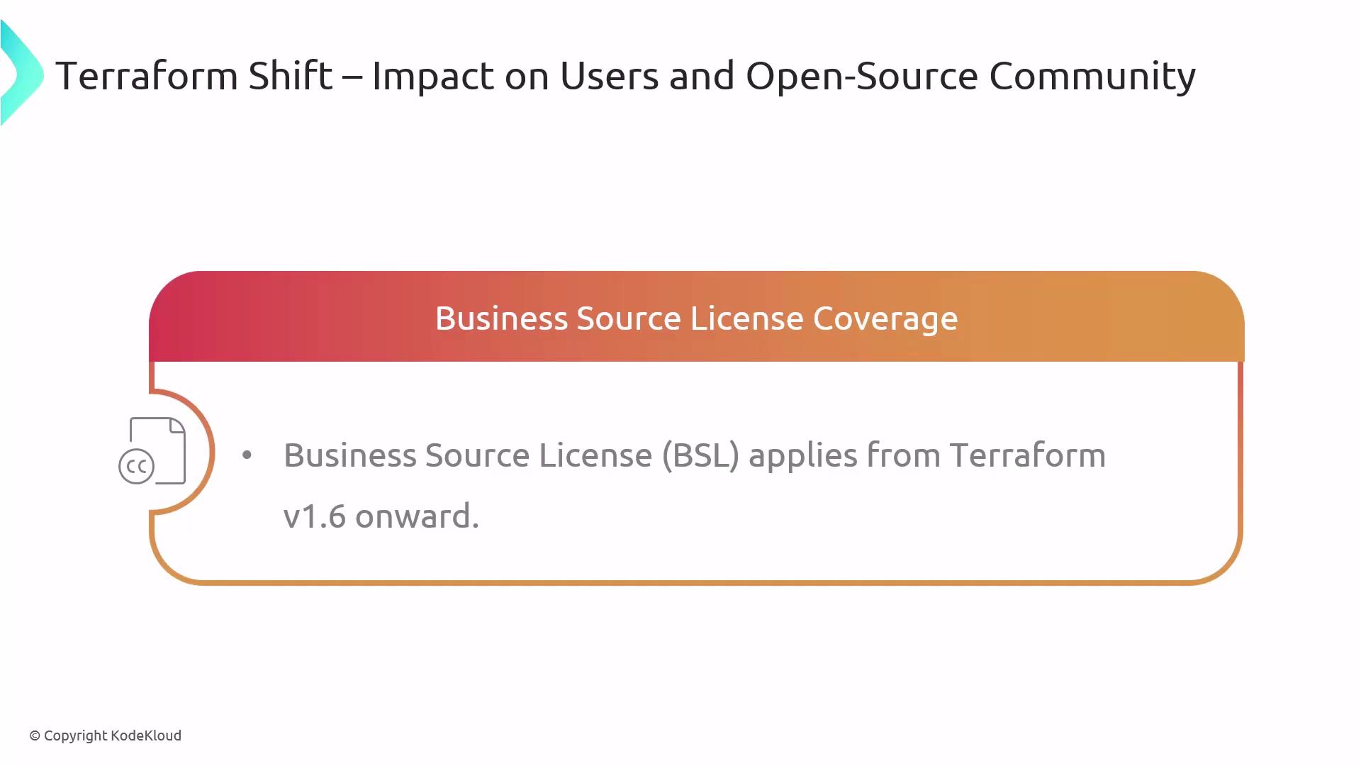 The image discusses the impact of Terraform's shift to a Business Source License (BSL) from version 1.6 onward, affecting users and the open-source community.