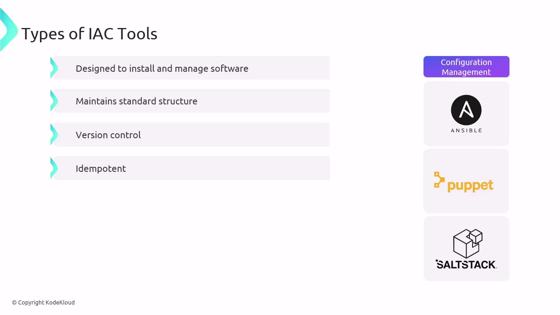 The image lists types of Infrastructure as Code (IAC) tools, highlighting features like software management, standard structure, version control, and idempotency, alongside logos for Ansible, Puppet, and SaltStack.