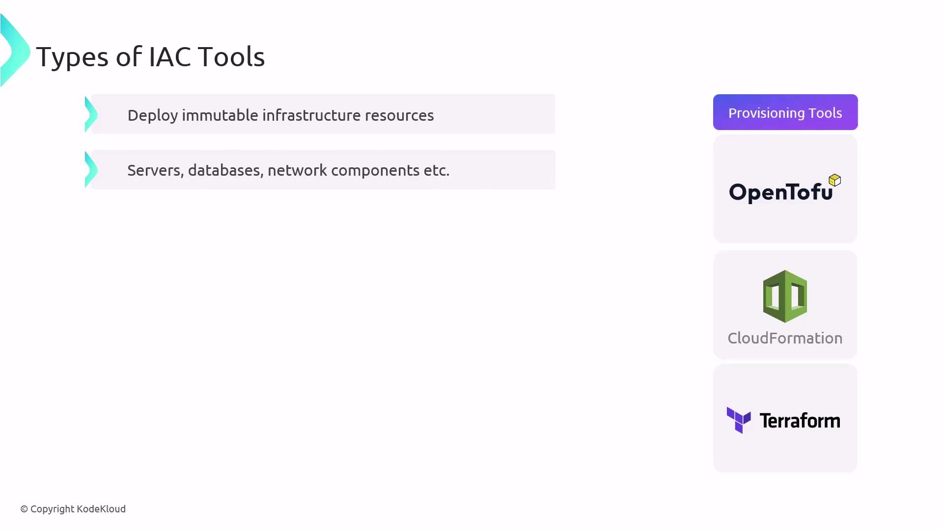 The image describes types of Infrastructure as Code (IAC) tools, focusing on provisioning tools like OpenTofu, CloudFormation, and Terraform, used for deploying immutable infrastructure resources such as servers, databases, and network components.