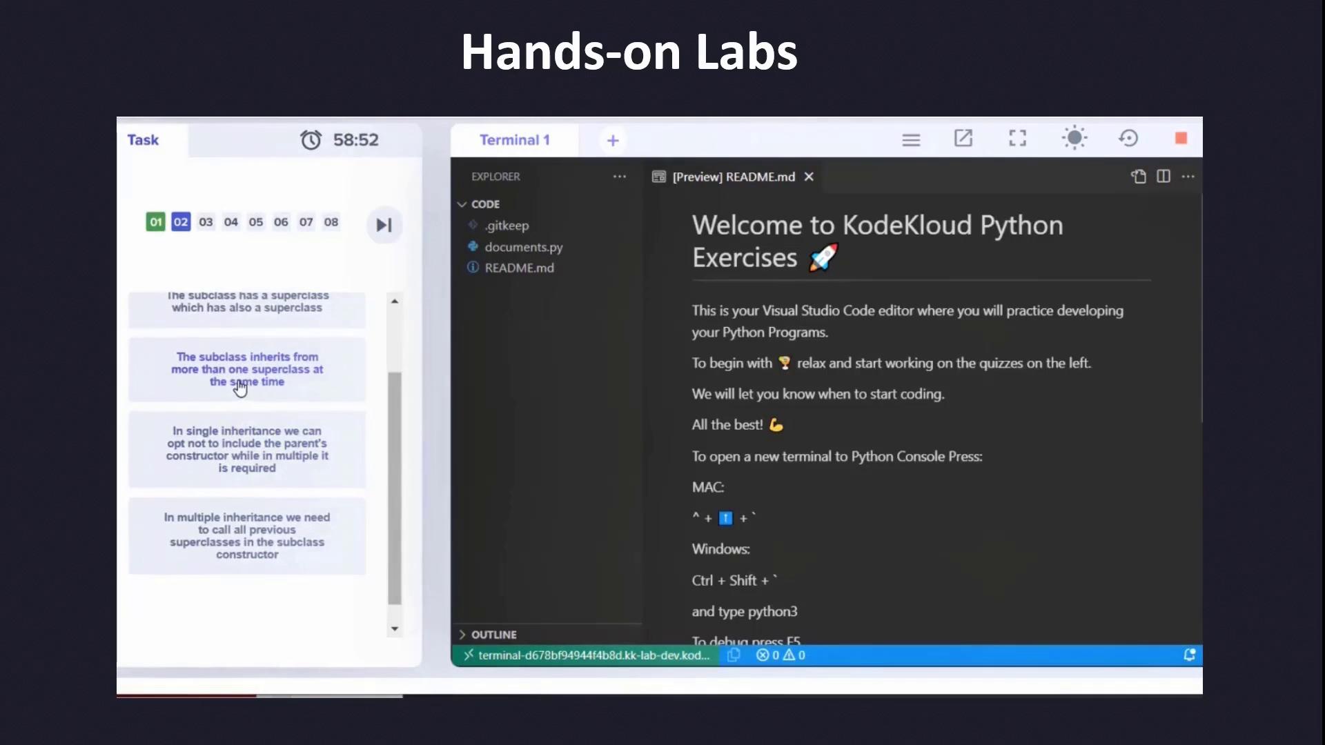 The image shows a split-screen interface with a task list on the left and a Visual Studio Code editor on the right, featuring a welcome message for KodeKloud Python exercises.