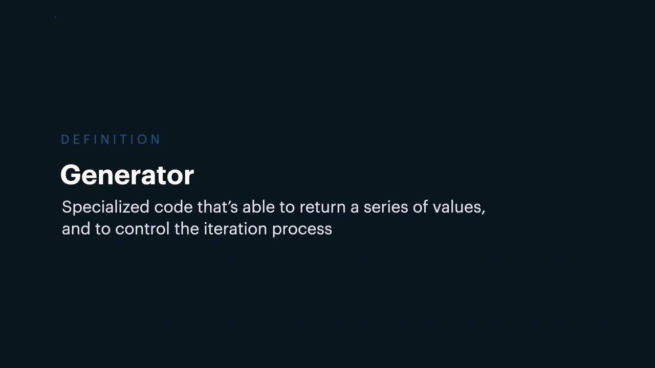 The image defines a "Generator" as specialized code that can return a series of values and control the iteration process.