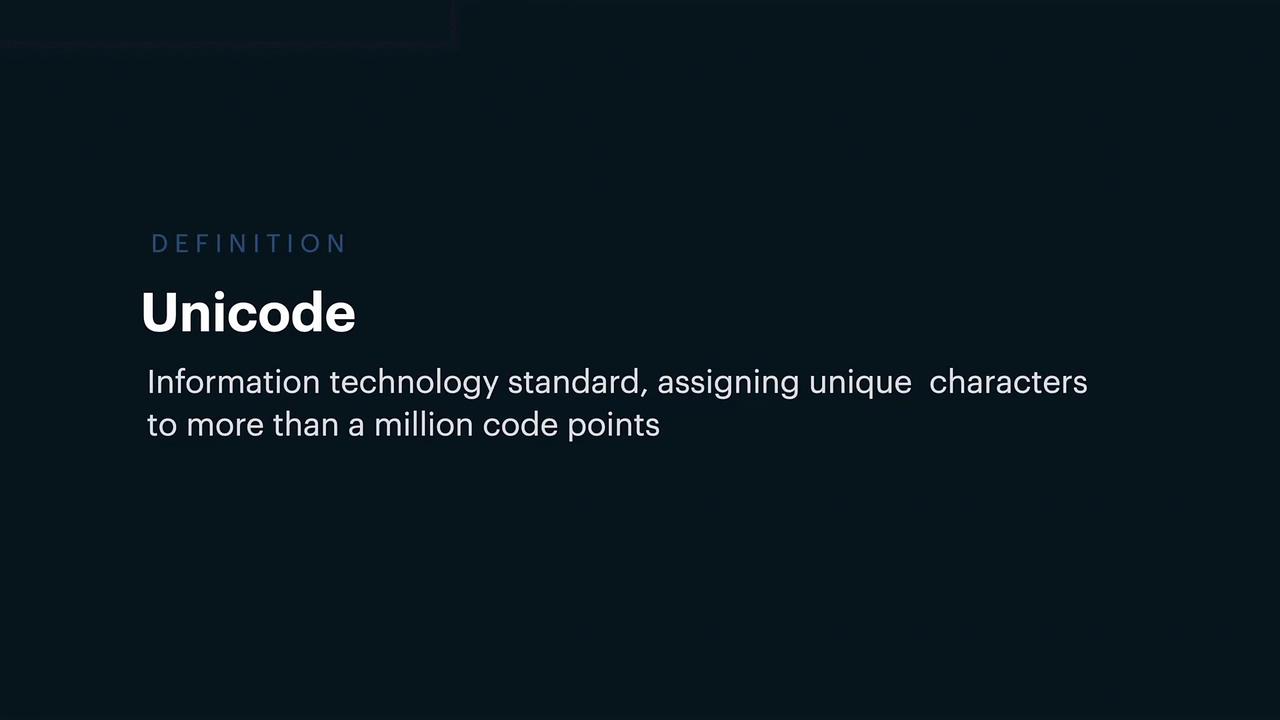 The image defines "Unicode" as an information technology standard that assigns unique characters to more than a million code points.